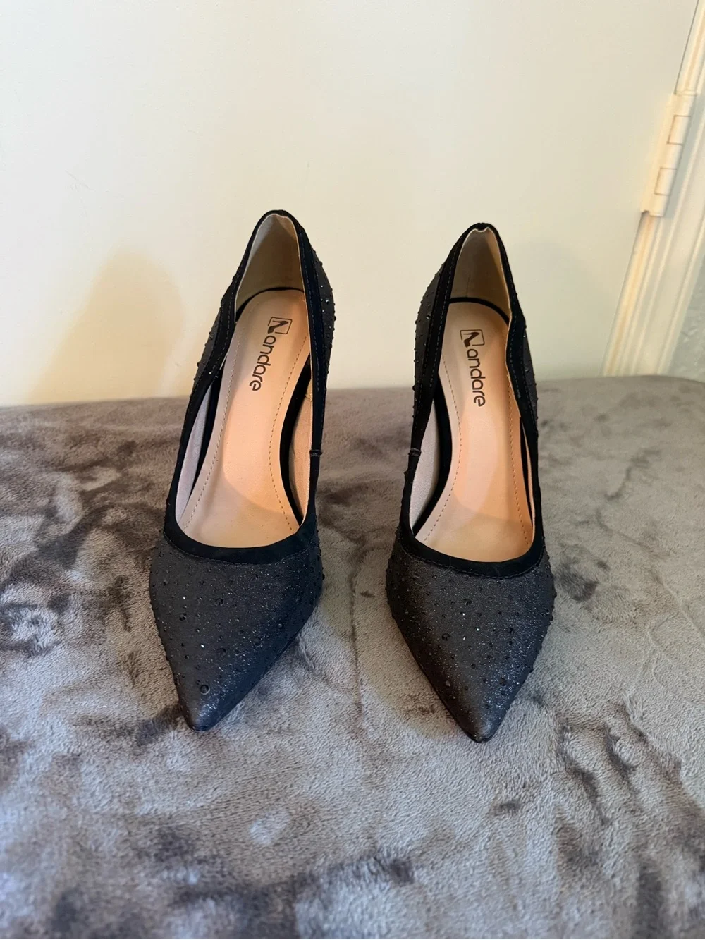 Black Pointed Toe Embellished Heels